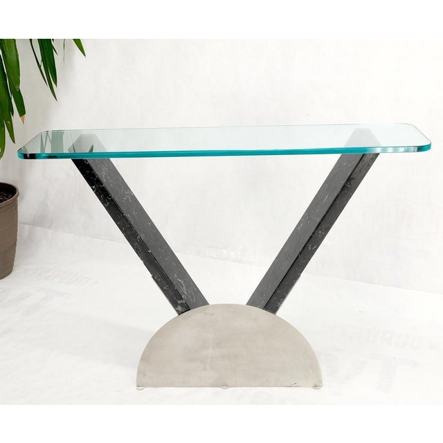 Artedi Late 20th Century V Shape Marble Base Thick Glass Top Modern Custom Design Console Table For Sale - Image 4 of 12