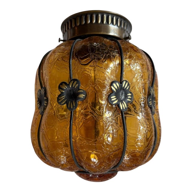 1920s Mid-Century Modern Amber Crackle Glass Ceiling Light With Metal and Gold Flowers Accents For Sale