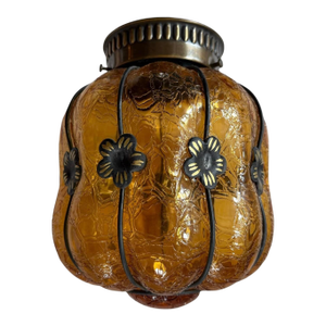 1920s Mid-Century Modern Amber Crackle Glass Ceiling Light With Metal and Gold Flowers Accents