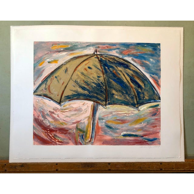 American Helen Oji, Umbrella, Monotype with Hand Painting, Glitter, Asian American Art, Woman Artist, 1987 For Sale - Image 3 of 11