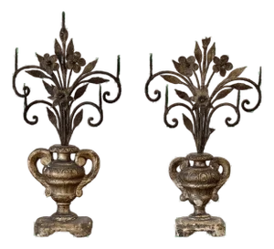 Pair of Giltwood and Iron Pricket Candelabras, Italy, 18th Century