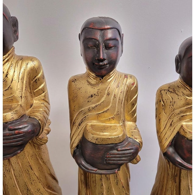 Black Set of Three Large Carved Gilt Thai Monks on Scroll Base, Late 20th Century For Sale - Image 8 of 14