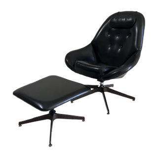 Vintage Black Vinyl Swiveling Lounge Chair and Ottoman - a Set For Sale