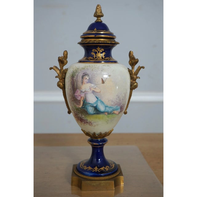 French Pair Sevres Vintage Porcelain Decorated Lidded Urns For Sale - Image 3 of 12