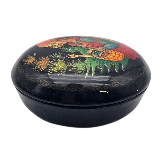 Russian Palekh Style Hand Painted Lacquer Miniature Trinket Box Signed “Autumn” 2.125" For Sale - Image 9 of 16