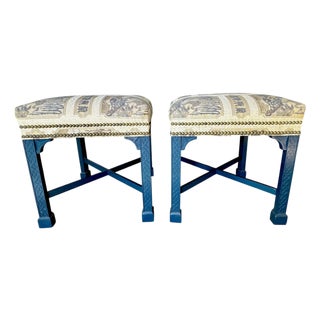 Pair Painted Chinese Chippendale Style Benches Chinoiserie Tapestry Upholstery For Sale