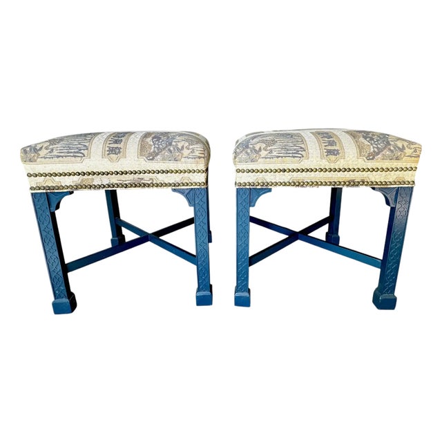 Pair Painted Chinese Chippendale Style Benches Chinoiserie Tapestry Upholstery For Sale
