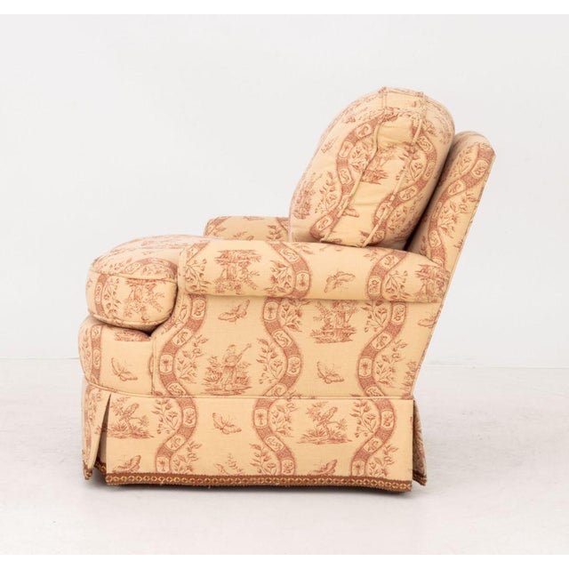Toile De Jouy Upholstered Club Chair and Ottoman For Sale - Image 10 of 13