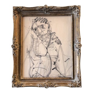 Original Vintage Abstract Charcoal Study Drawing Vintage French Style Frame 1950’s For Sale