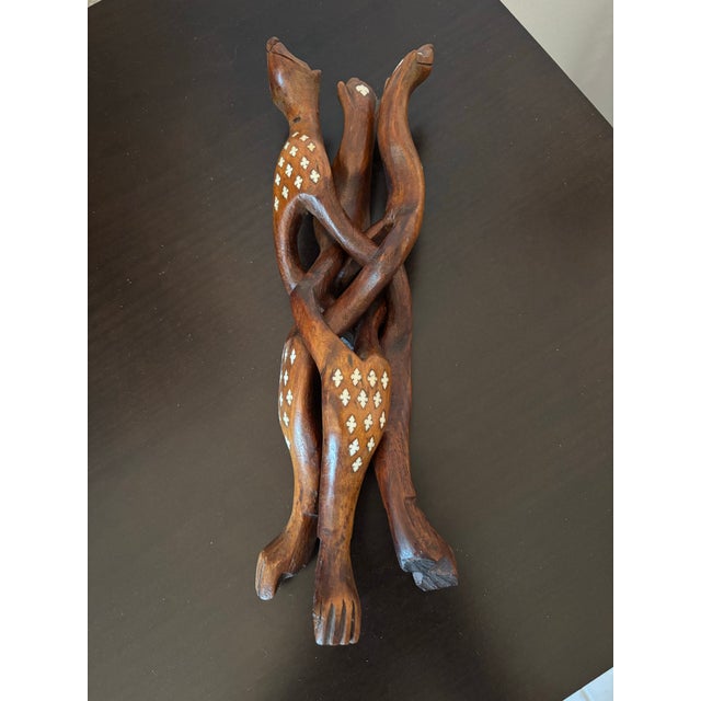 Early 20th Century Exceptional 1930s Hand‑Carved Rosewood Snake Tripod Stand W/Bone Inlay For Sale - Image 5 of 5