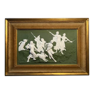 Rare 1900s Karl Ens, Germany Wall Hanging Bisque Porcelain Plaque Hunting Scene For Sale