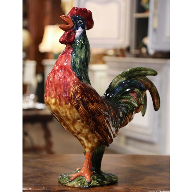 Large French Barbotine Majolica Rooster Sculpture From Normandy For Sale In Dallas - Image 6 of 11