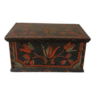 18th Century Folk Art Painted Wooden Box Antique Hand Painted Keepsake Chest Primitive Scandinavian Storage Box For Sale
