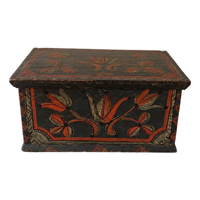 18th Century Folk Art Painted Wooden Box Antique Hand Painted Keepsake Chest Primitive Scandinavian Storage Box For Sale