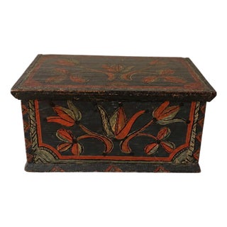 Hold 18th Century Folk Art Painted Wooden Box Antique Hand Painted Keepsake Chest Primitive Scandinavian Storage Box For Sale