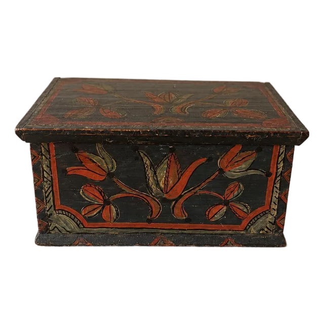 Hold 18th Century Folk Art Painted Wooden Box Antique Hand Painted Keepsake Chest Primitive Scandinavian Storage Box For Sale