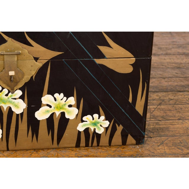 Brown Early 20th Century Japanese Late Meiji Period Black Lacquer Blanket Chest with Golden Painted Décor For Sale - Image 8 of 13