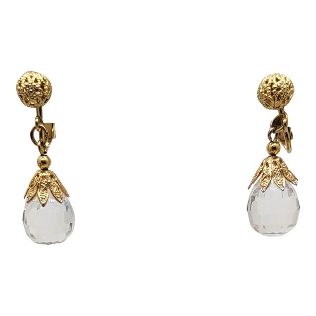 Vintage 1960s Signed Napier Goldtone Faceted Glass Drop Pierced Earrings - 2 Pieces For Sale