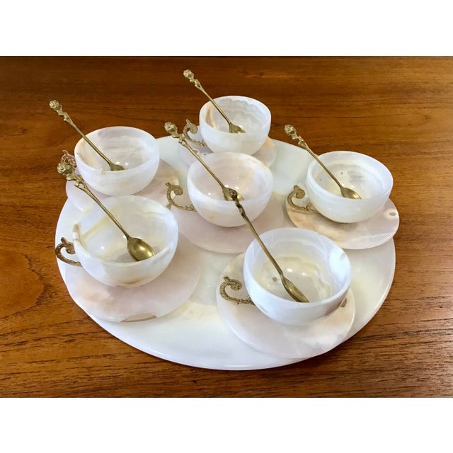 Circa 1930s Vintage White Agate Tea Cup, Saucer and Tray Set- 19 Pieces For Sale - Image 4 of 12