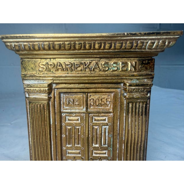 Rare Antique Sparekassen Denmark Brass Savings Building Still Coin Bank W/ Key For Sale In New York - Image 6 of 12