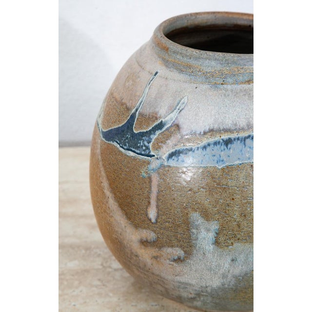 Mid Century Modern Round Vase Blue Tan Glaze Studio Ceramic Weed Vintage Flower For Sale - Image 11 of 12