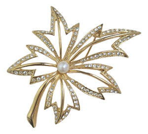 Vintage Napier 1980s Gold Maple Leaf Brooch Faux Pearl Rhinestone Statement Pin