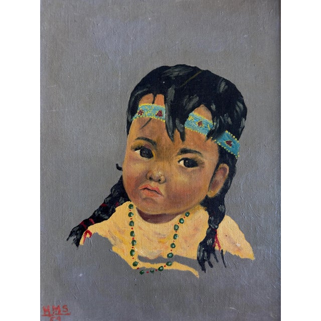 1950s Framed Pair of Original Oil Paintings, Young Native American Girls For Sale - Image 4 of 9