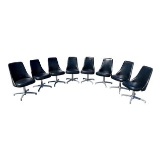 Set of Eight 1960s Black Vinyl Chromcraft Swivel Dining Chairs For Sale