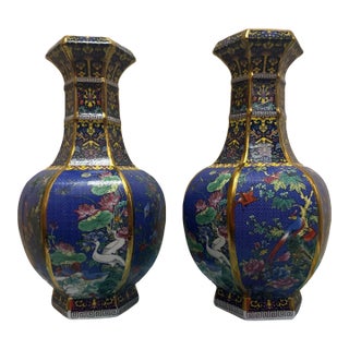 Pair of Vintage Chinese Famille Rose Hexagonal Vases For Sale