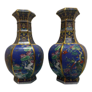 Pair of Vintage Chinese Famille Rose Hexagonal Vases