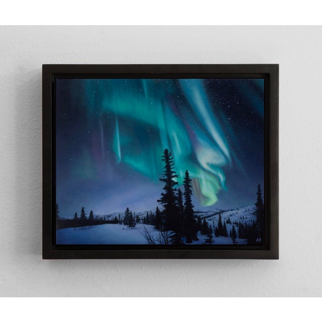 The artwork depicts a mesmerizing night sky illuminated by the ethereal glow of the aurora borealis, its vibrant colors...