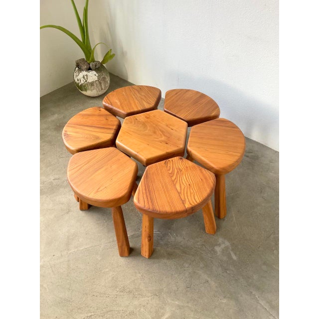Wood Flower Coffee Table Set with Elm Tripod Stools, 1950s, Set of 7 For Sale - Image 7 of 18