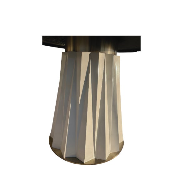 Baker Furniture Company Sculptural Designer Dining Table – Attributed to Baker “Heliodor” Pedestal in Ivory & Gold × Rh 48″ Black Brushed Oak Top For Sale - Image 4 of 12