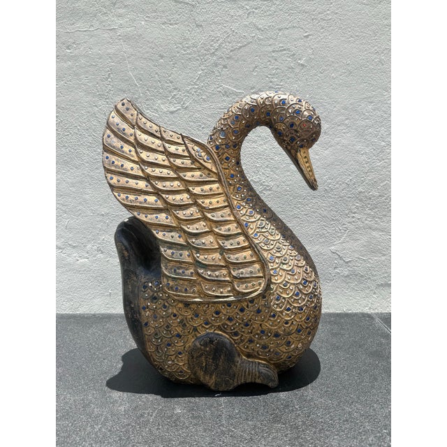 Wood Vintage Wooden Hand Carved Folk Art Swan With Jeweled Inlay For Sale - Image 7 of 8