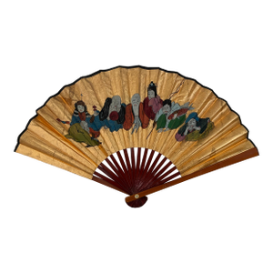 Vintage Japanese Hand Painted Gold Fan With Seven Figures