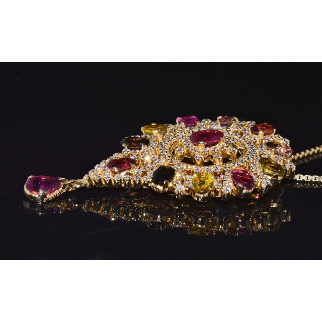 Certified Natural 10.46Cts VS G Diamond Multi Tourmaline 18K Gold Pendant Brooch For Sale - Image 9 of 10