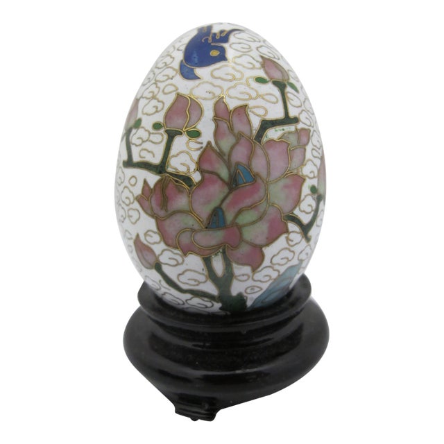 Chinese Cloisonne White Hand Painted Enamel Bird & Lotus in Clouds Egg With Stand For Sale