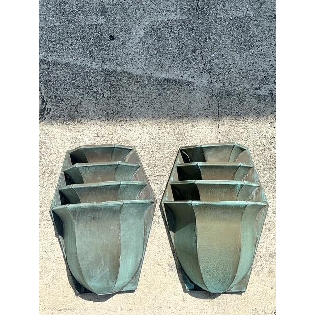 Late 20th Century Vintage Stacked Patinated Copper Sconces - A Pair For Sale - Image 5 of 12