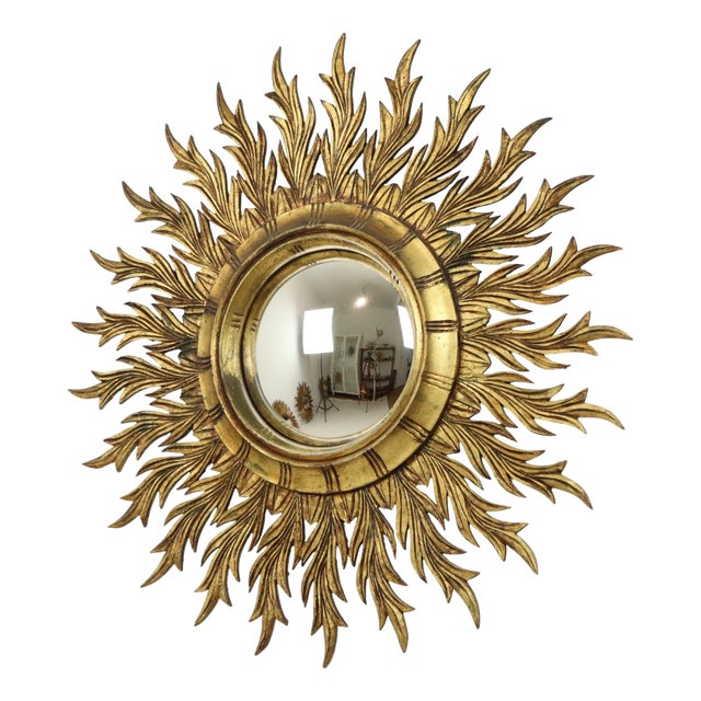 Large Gold Leaf Gilt Wood Sunburst Mirror, 1950s For Sale