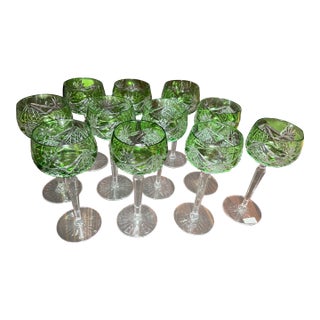 Vintage Val St Lambert Green Cut to Clear Crystal Hock Wine Glasses- Set of 11 For Sale