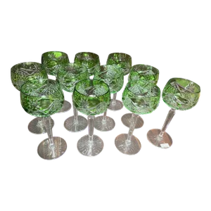 Vintage Val St Lambert Green Cut to Clear Crystal Hock Wine Glasses- Set of 11