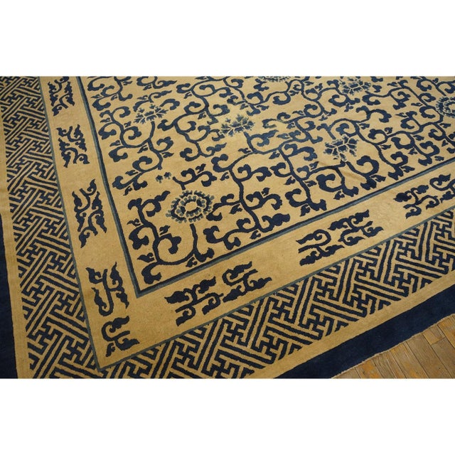 Chinese 1870s Tan Camel Foliate Greek Key Antique Chinese Peking Wool Rug 8' 10" X11' 6" For Sale - Image 3 of 9
