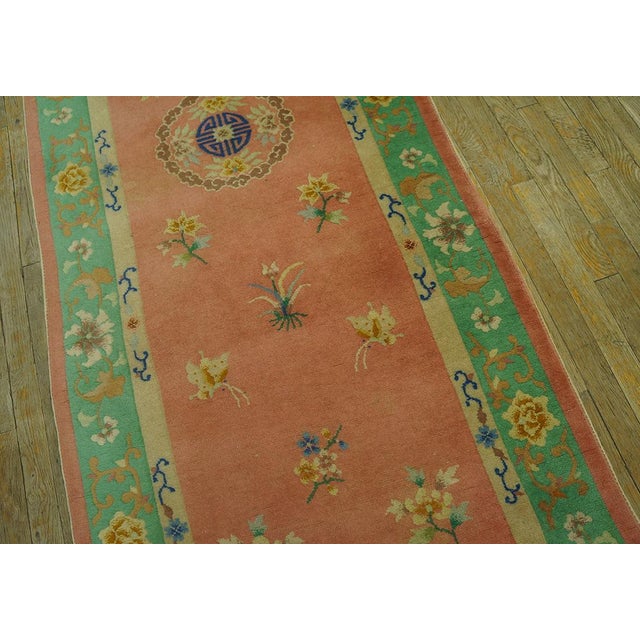Art Deco 1930s Pink Rose Floral Antique Art Deco Runner Rug 3' X 11' Handknotted Wool Carpet For Sale - Image 3 of 6