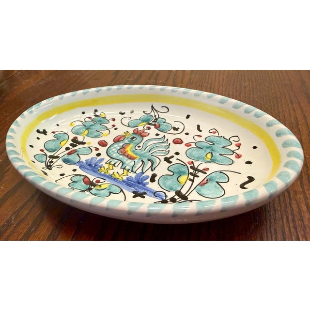 Deruta Hand-Painted Deruta Majolica Ceramic Oval Trinket Dish With Green Rooster Motif For Sale - Image 4 of 7