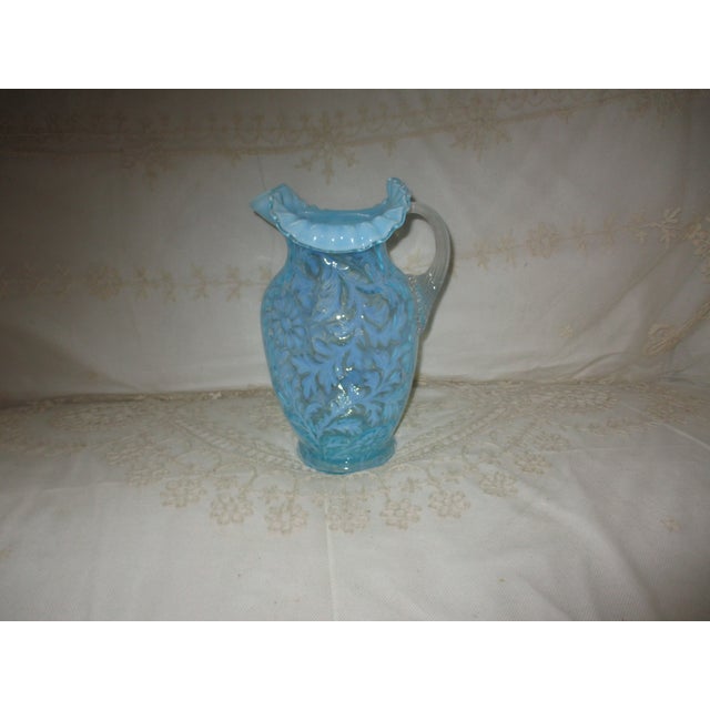 Traditional Antique Fenton Daisy and Fern Opalescent Blue Art Glass Pitcher For Sale - Image 3 of 10