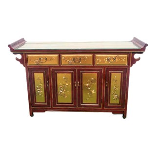 Vintage Chinoiserie Bird Floral Red Gold Leaf Pagoda Top Regency Buffet Credenza Server Cabinet For Sale