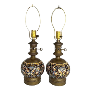 Antique Gien Faience Oil Lamp Bases Converted to Table Lamps, Renaissance Décor on Black - A Pair