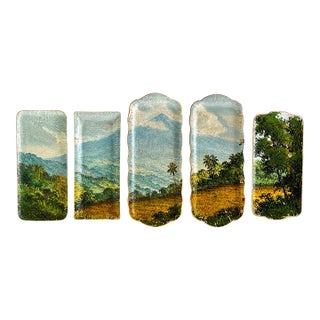 "Hanalei Valley" Contemporary Installation of Ceramic Plates and Oil on Canvas - Set of 5 For Sale