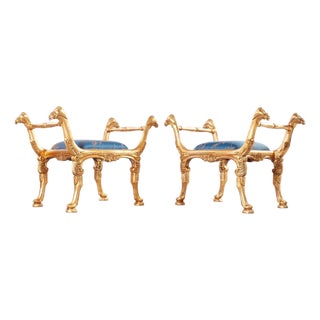 Pair of Italian Neoclassical Giltwood Camel Stool Benches For Sale