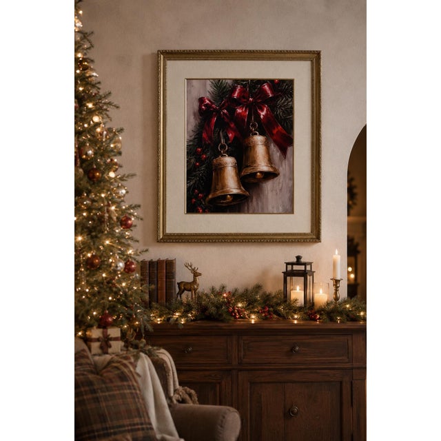 2020s Substantial 40” Tall Framed Christmas Bell Wall Canvas Art With Ornate Gilt Wood Frame & Silk Mat For Sale - Image 5 of 11
